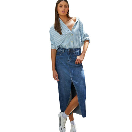 Women's Split Thigh High Waist Bodycon Maxi Denim Skirt