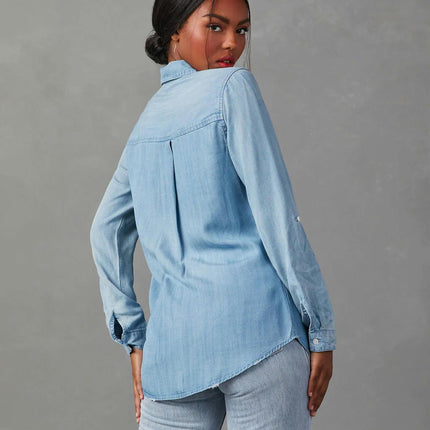 Women's Long Sleeve Collared Shirt Button Down Denim Blouse Jacket