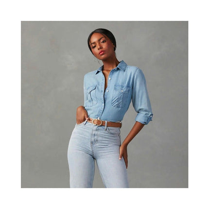 Women's Long Sleeve Collared Shirt Button Down Denim Blouse Jacket