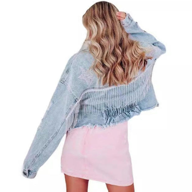 Women's Cropped Fringe Denim Jacket Tassel Long Sleeve Jean Jacket