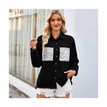 Women's Long Sleeve Button Down Lapel Loose Denim Blouse Shirt
