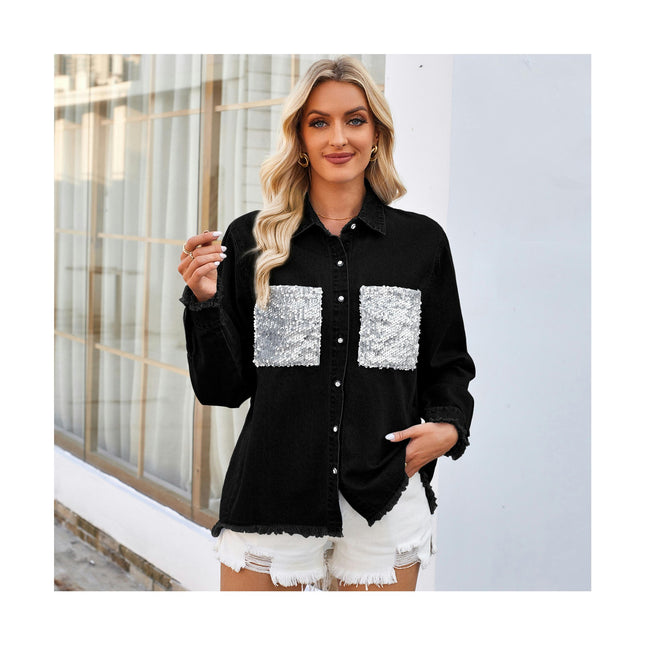 Women's Long Sleeve Button Down Lapel Loose Denim Blouse Shirt
