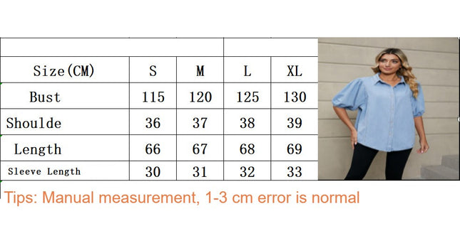 Women's Summer Puff Short Sleeve Denim Shirt Casual Button-Down Blouse Tops