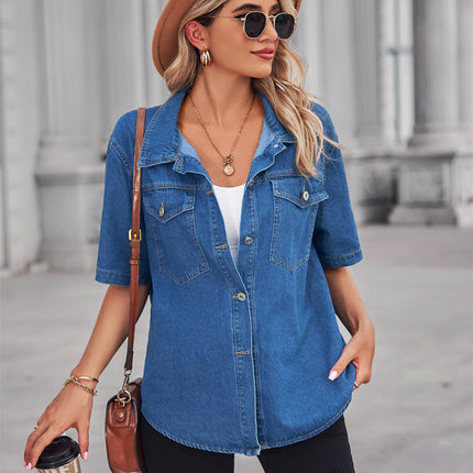 Women's Casual Short Sleeve Denim Shirt Button Down V Neck Blouse Top