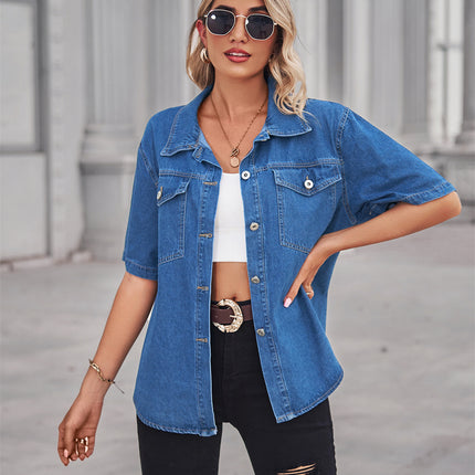 Women's Casual Short Sleeve Denim Shirt Button Down V Neck Blouse Top