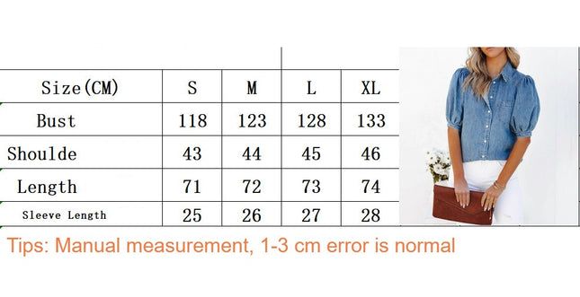 Women Puff Short Sleeved Button Down Denim Shirts Casual Pockets Jean Shirts