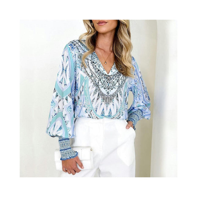 Women's Casual Print Blouse Tops V Neck Lantern Long Sleeve Loose Shirts
