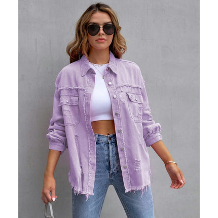 Women's Ripped Distressed Denim Jacket Casual Long Sleeve Jean Coat