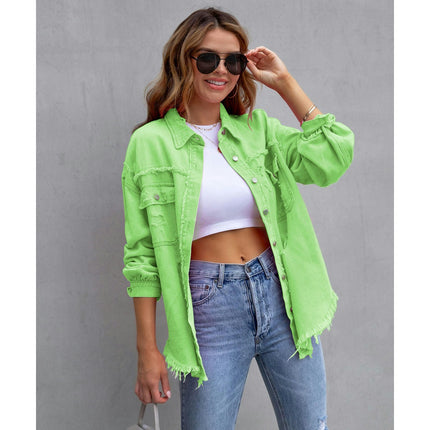 Women's Ripped Distressed Denim Jacket Casual Long Sleeve Jean Coat