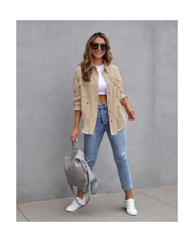 Women's Ripped Distressed Denim Jacket Casual Long Sleeve Jean Coat