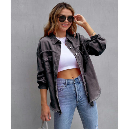 Women's Ripped Distressed Denim Jacket Casual Long Sleeve Jean Coat