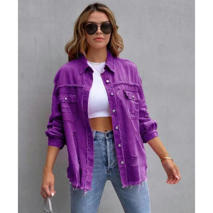 Women's Ripped Distressed Denim Jacket Casual Long Sleeve Jean Coat