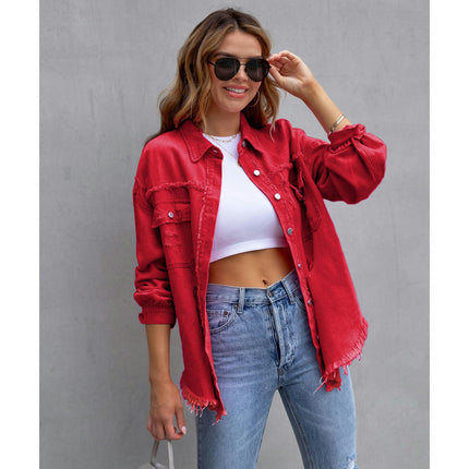 Women's Ripped Distressed Denim Jacket Casual Long Sleeve Jean Coat