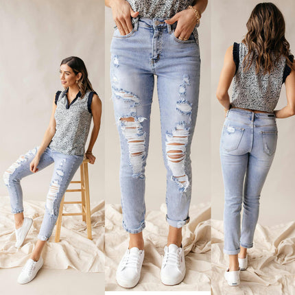 Women's Ripped Skinny Jeans High Waist Distressed Pencil Denim Pants