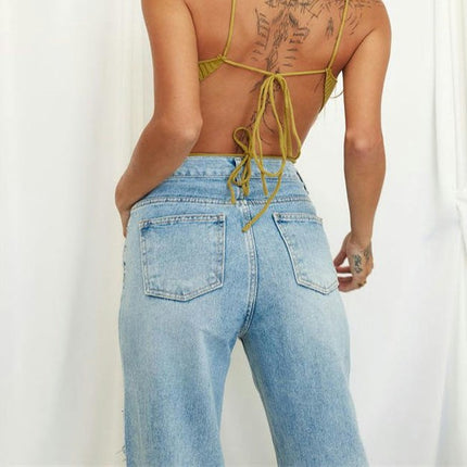 Ripped Wide Leg Jeans for Women Baggy Straight Boyfriend Trendy Denim Pants-A1