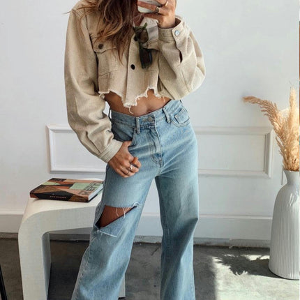 Ripped Wide Leg Jeans for Women Baggy Straight Boyfriend Trendy Denim Pants-A1