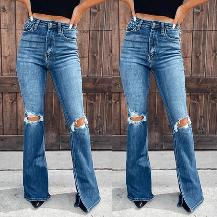 Women Ripped Mid Rise Flared Jeans Distressed Bell Bottom Denim Pants
