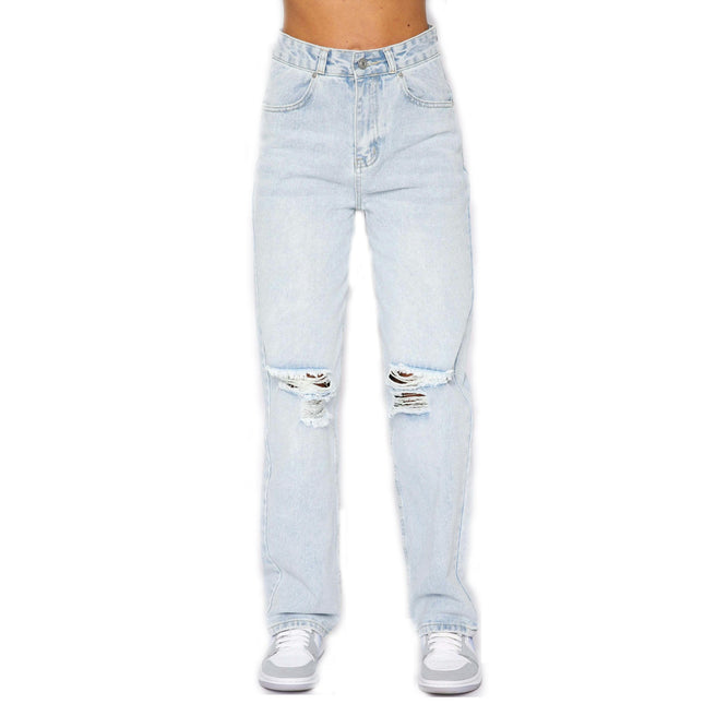 Women's High Waisted Straight Leg Ripped Jeans Cut Out Distressed Denim Pants