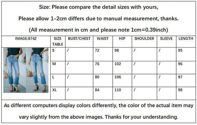 Women's Ripped Jeans Straight Leg Distressed Boyfriend Denim Pants-A1