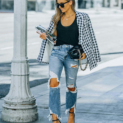 Women's High Waist Ripped Jeans Raw Hem Distressed Denim Pants