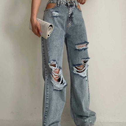 Women's High Waisted Ripped Jeans Cut Out Straight Leg Denim Pants