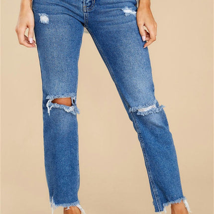 Women's Ripped Mid Waisted Jeans Boyfriend Distressed Denim Pants