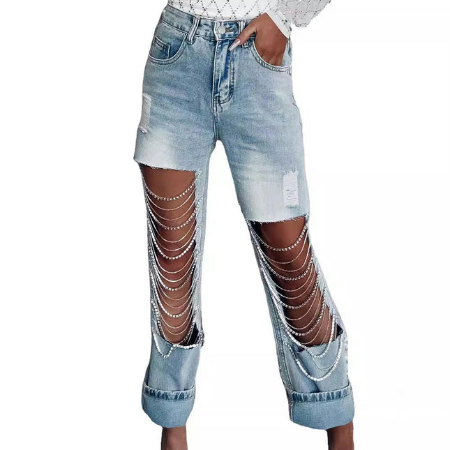 Cut Out Ripped Jeans for Women Straight Leg Mid Waisted Denim Pants
