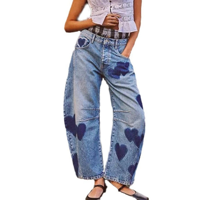 Mid Rise Barrel Jeans for Women Print Wide Leg Baggy Boyfriend Denim Pants