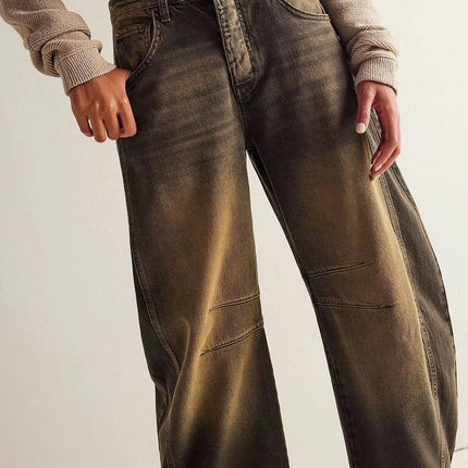 Mid Rise Barrel Jeans for Women Wide Leg Baggy Boyfriend Denim Pants