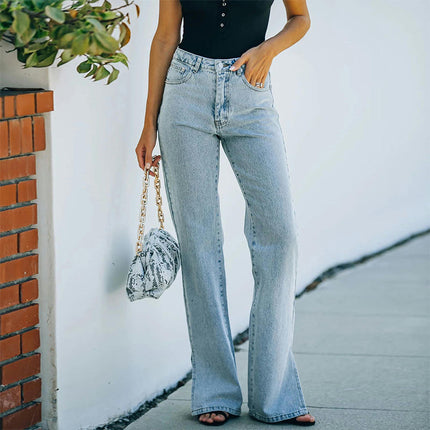 Straight Wide Leg Jeans for Women High Waisted Slit Hem Denim Pants