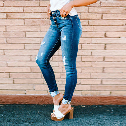 Women's Ripped Mid Waisted Jeans Skinny Distressed Stretchy Denim Pants