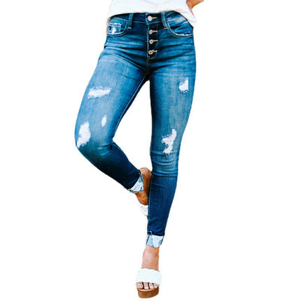 Women's Ripped Mid Waisted Jeans Skinny Distressed Stretchy Denim Pants