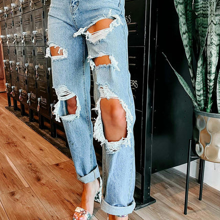 Women's Boyfriend Trendy Ripped Jeans Straight Leg High Waisted Denim Pants