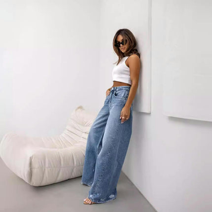 Womens Baggy Distressed Boyfriend Jeans Ripped Wide Leg Denim Pants