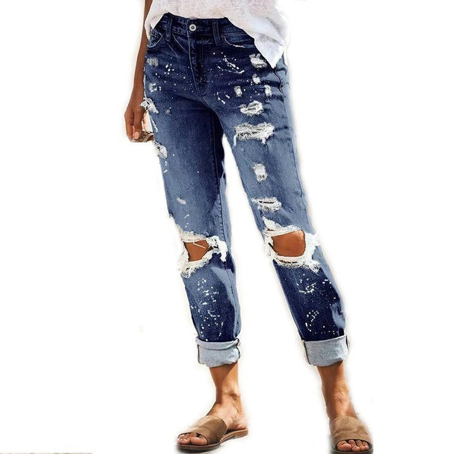 Women's Ripped Boyfriend Jeans Straight Leg Distressed Denim Pants-A1