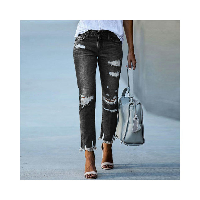 Women's Distressed Mid Waisted Boyfriend Jeans Ripped Stretchy Denim Pants