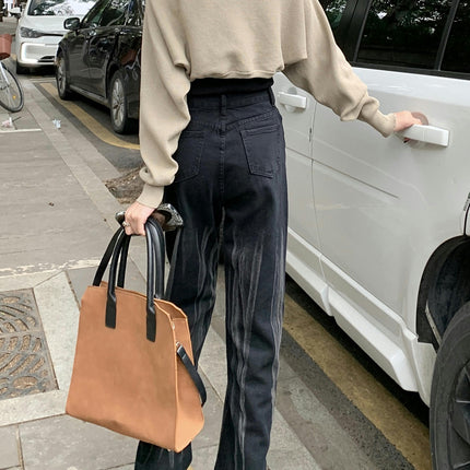 Women's Straight Leg Slit Jeans Casual High Waisted Baggy Denim Pants