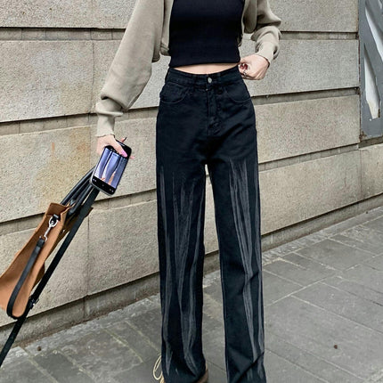 Women's Straight Leg Slit Jeans Casual High Waisted Baggy Denim Pants