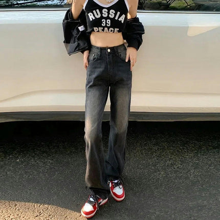 Women Vintage High Waisted Denim Pants Wide Leg Straight Jeans