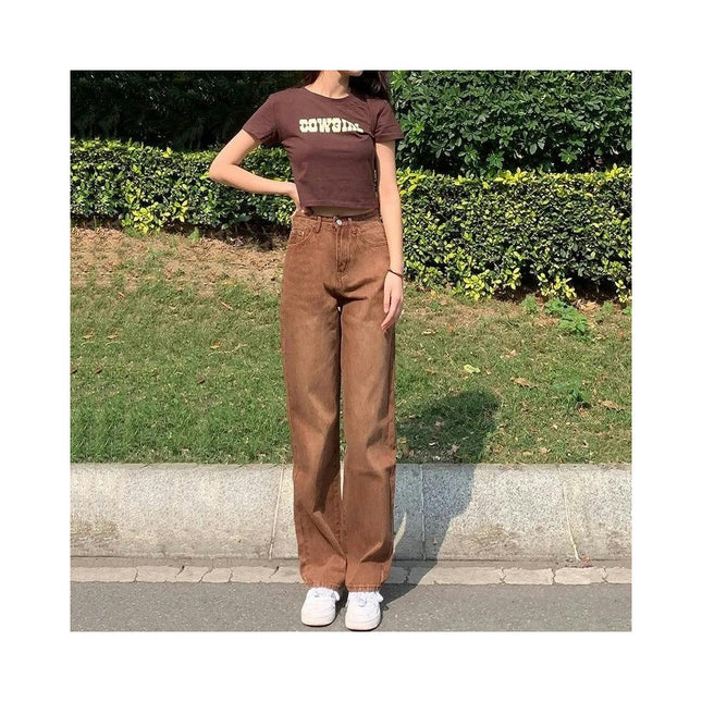 Women Vintage High Waisted Denim Pants Wide Leg Straight Jeans