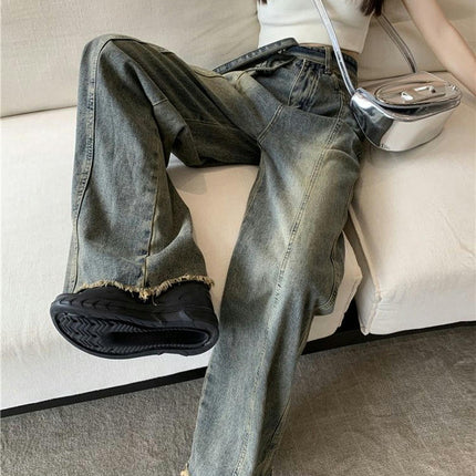 Straight Wide Leg Jeans for Women High Waisted Frayed Raw Hem Loose Denim Pants