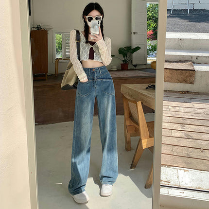 Women's Casual Wide Leg Jeans High Waisted Straight Denim Pants with Pockets
