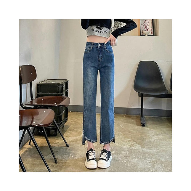 Women's Straight Leg Jeans Rivets High Waist Beggy Slit Denim Pants with Pockets