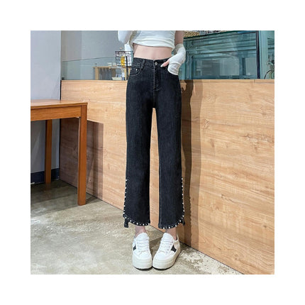 Women's Straight Leg Jeans Rivets High Waist Beggy Slit Denim Pants with Pockets