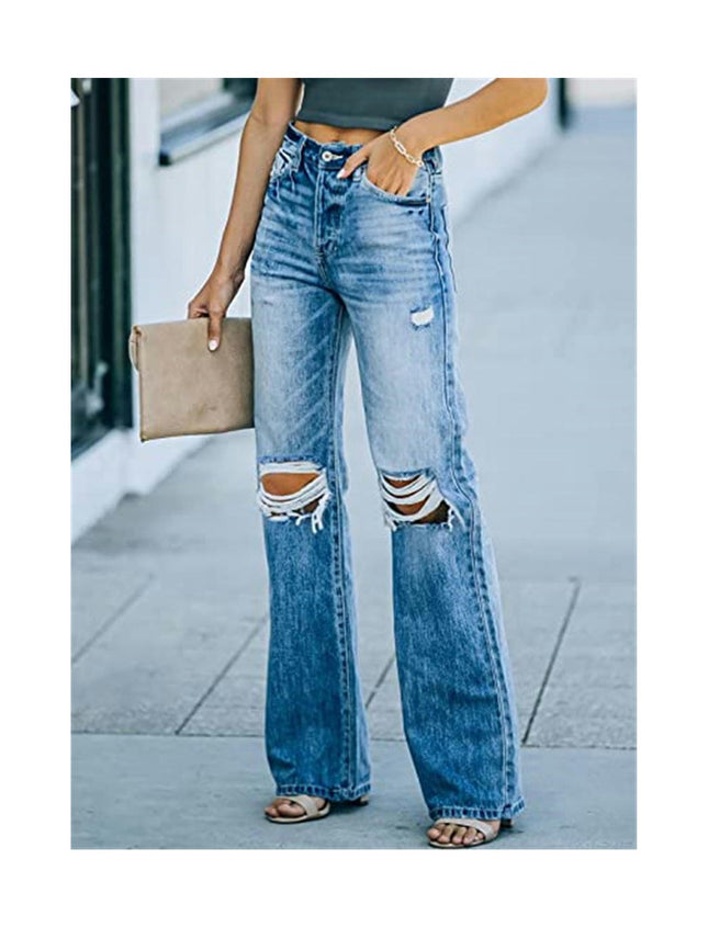 Women's Ripped Straight Leg Jeans Mid Waist Distressed Denim Pants