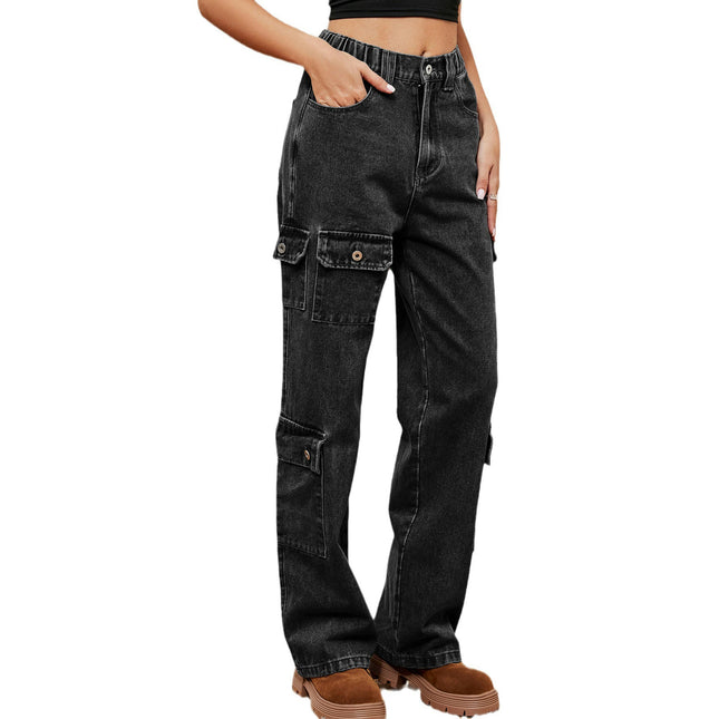 Women's Casual Mid Waist Cargo Pants Stretch Wide Leg Pants with Pockets