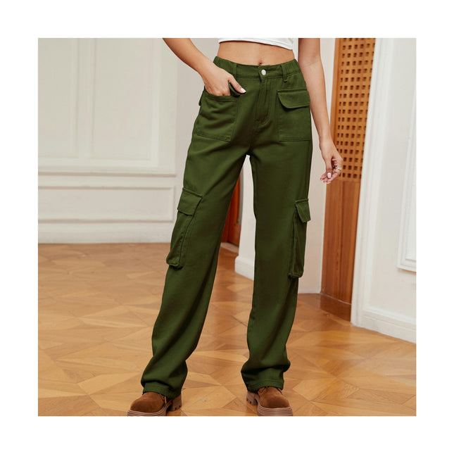 Women Mid Waisted Cargo Pants Wide Leg 6 Pockets Casual Pants