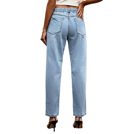 Women's Casual Pull-on Distressed Jeans Elastic Waist Denim Pants