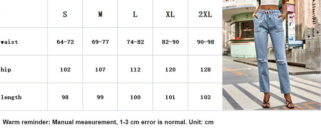 Women's Casual Pull-on Distressed Jeans Elastic Waist Denim Pants