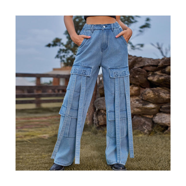 Women High Waisted Cargo Denim Pants Wide Leg Casual Jeans